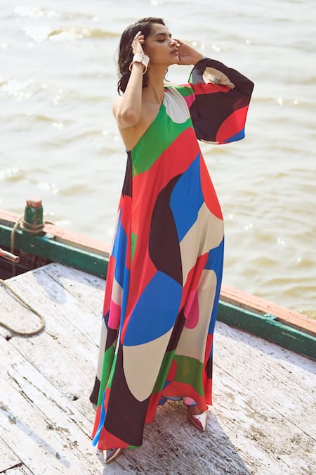 Shop_Dash And Dot_Multi Color Polyester One Shoulder Abstract Print Dress_Online_at_Aza_Fashions