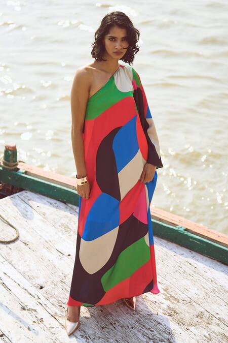 Dash And Dot_Multi Color Polyester One Shoulder Abstract Print Dress_at_Aza_Fashions