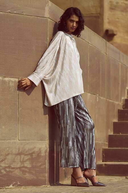 Shop_Dash And Dot_Ivory Polyester Mandarin Collar Textured Metallic Boxy Top _Online_at_Aza_Fashions