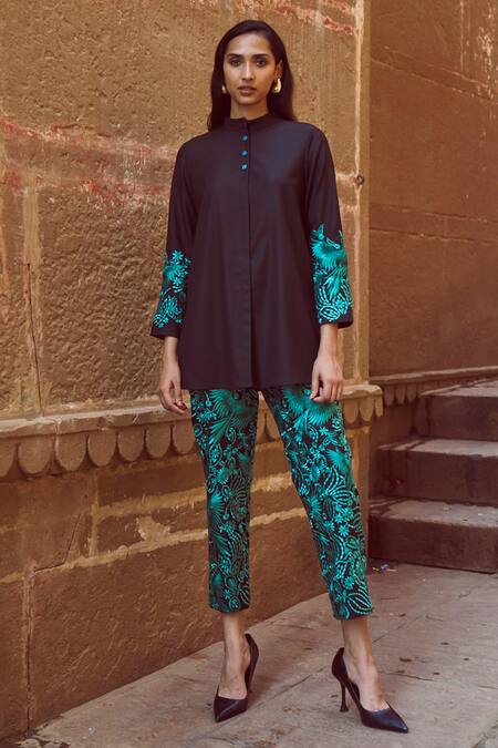 Dash And Dot_Black Polyester, Viscose, Lycra Embroidery Gara Stitch Pant _Online_at_Aza_Fashions