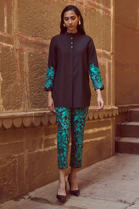 Shop_Dash And Dot_Black Polyester, Viscose, Lycra Embroidery Gara Stitch Pant _Online_at_Aza_Fashions
