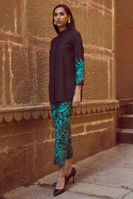 Dash And Dot_Black Polyester, Viscose, Lycra Embroidery Gara Stitch Pant _at_Aza_Fashions