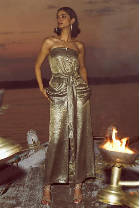 Dash And Dot_Gray Polyester Square Neck Metallic Off Shoulder Top And Pant Set _Online_at_Aza_Fashions