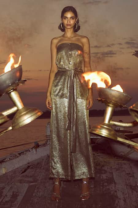 Buy_Dash And Dot_Gray Polyester Square Neck Metallic Off Shoulder Top And Pant Set _Online_at_Aza_Fashions