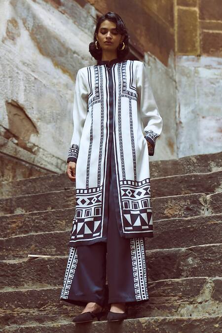 Shop Dash And Dot White Polyester Bandeau Neck Geo Tribal Print Tunic With Pant Online at Aza Fashions Shop_Dash And Dot_White Polyester Bandeau Neck Geo Tribal Print Tunic With Pant _Online_at_Aza_Fashions