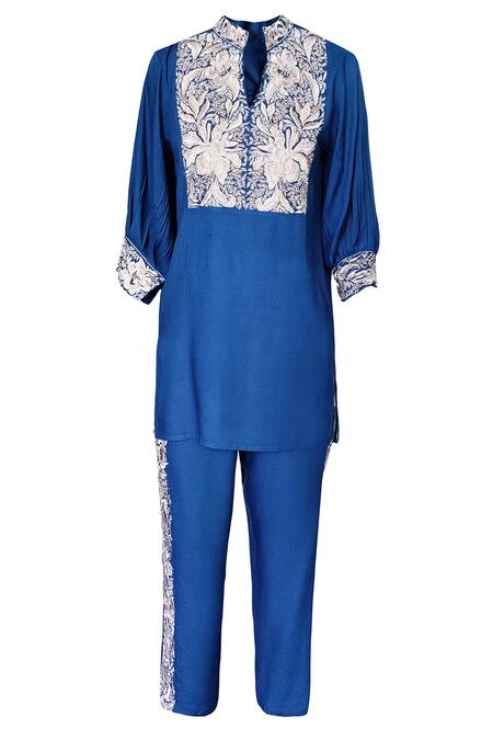 Dash And Dot_Blue Viscose Embroidery V-neck Gara Yoke Tunic With Pant _Online_at_Aza_Fashions
