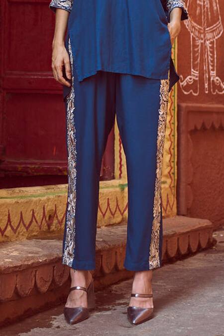 Buy_Dash And Dot_Blue Viscose Embroidery V-neck Gara Yoke Tunic With Pant _Online_at_Aza_Fashions