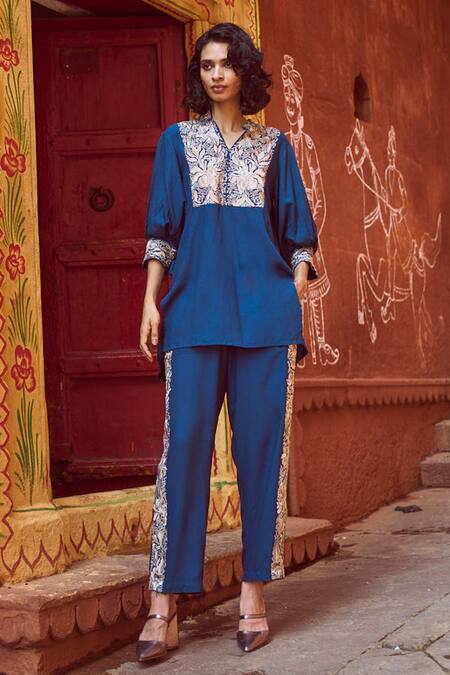 Shop_Dash And Dot_Blue Viscose Embroidery V-neck Gara Yoke Tunic With Pant _Online_at_Aza_Fashions