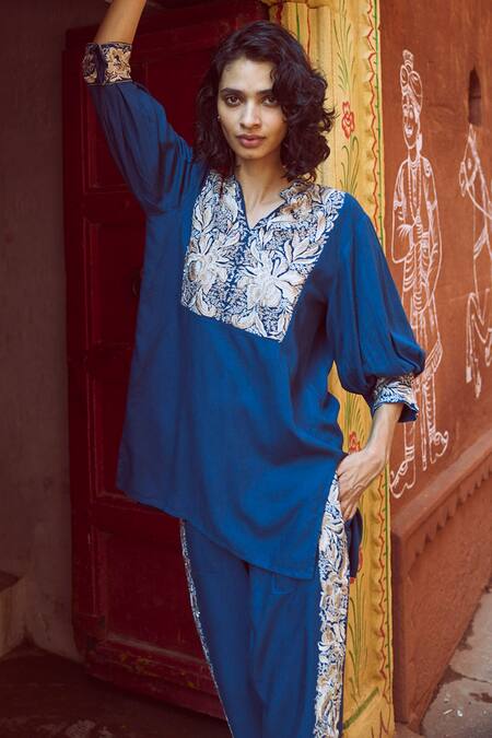 Dash And Dot_Blue Viscose Embroidery V-neck Gara Yoke Tunic With Pant _at_Aza_Fashions