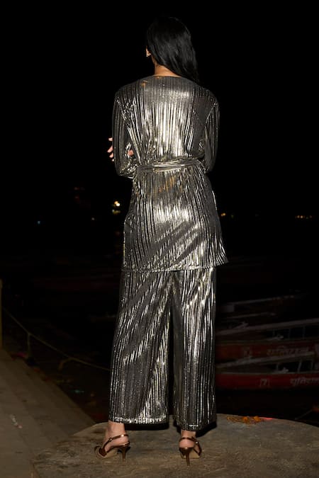 Shop Dash And Dot Gray Polyester Round Neck Grey Metallic Pleated Pant Set at Aza Fashions Shop_Dash And Dot_Gray Polyester Round Neck Grey Metallic Pleated Pant Set _at_Aza_Fashions