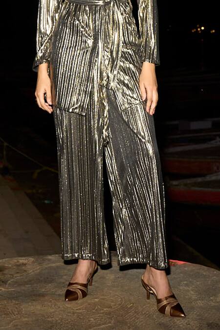 Buy Dash And Dot Gray Polyester Round Neck Grey Metallic Pleated Pant Set Online at Aza Fashions Buy_Dash And Dot_Gray Polyester Round Neck Grey Metallic Pleated Pant Set _Online_at_Aza_Fashions
