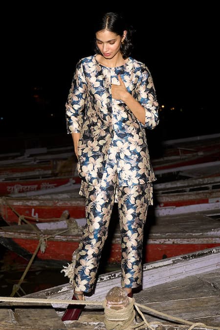 Shop_Dash And Dot_Blue Polyester Embroidery Round Neck Floral Brocade Pattern Long Top With Pant _Online_at_Aza_Fashions