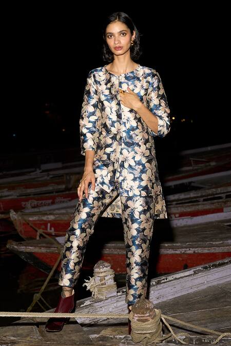 Dash And Dot_Blue Polyester Embroidery Round Neck Floral Brocade Pattern Long Top With Pant _at_Aza_Fashions