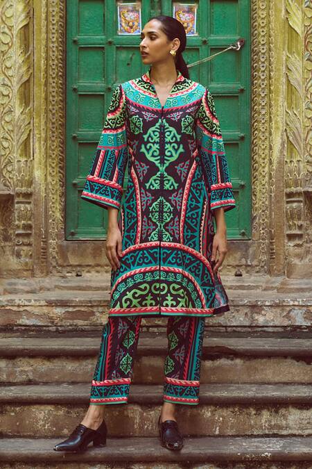 Shop_Dash And Dot_Multi Color Polyester Collared Abstract Tribal Print Tunic With Pant _Online_at_Aza_Fashions