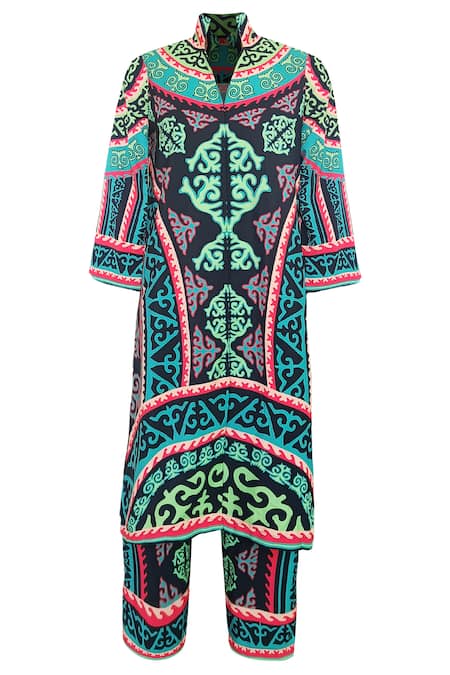 Buy_Dash And Dot_Multi Color Polyester Collared Abstract Tribal Print Tunic With Pant 