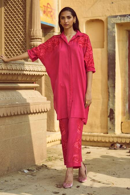 Dash And Dot_Pink Cotton, Viscose Embroidery Collared Placement Rosette Shirt With Pant _Online_at_Aza_Fashions
