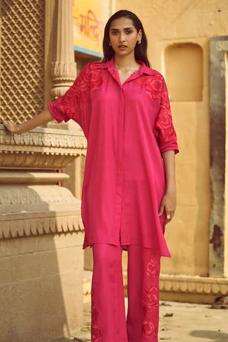 Buy_Dash And Dot_Pink Cotton, Viscose Embroidery Collared Placement Rosette Shirt With Pant _Online_at_Aza_Fashions