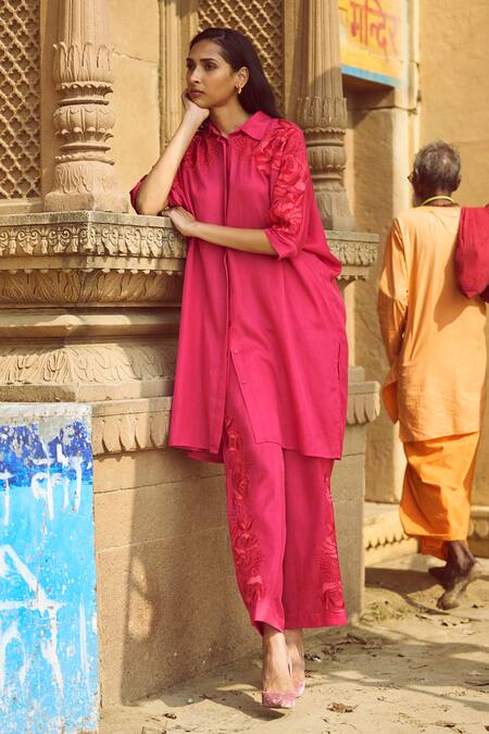 Shop_Dash And Dot_Pink Cotton, Viscose Embroidery Collared Placement Rosette Shirt With Pant _Online_at_Aza_Fashions