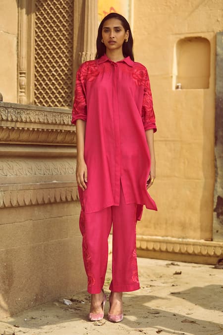 Dash And Dot_Pink Cotton, Viscose Embroidery Collared Placement Rosette Shirt With Pant _at_Aza_Fashions
