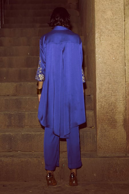 Shop Dash And Dot Purple Viscose Zari, Embroidery Collared Placement Flower Shirt With Pant at Aza Fashions Shop_Dash And Dot_Purple Viscose Zari, Embroidery Collared Placement Flower Shirt With Pant _at_Aza_Fashions