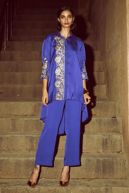 Dash And Dot Purple Viscose Zari, Embroidery Collared Placement Flower Shirt With Pant Online at Aza Fashions Dash And Dot_Purple Viscose Zari, Embroidery Collared Placement Flower Shirt With Pant _Online_at_Aza_Fashions