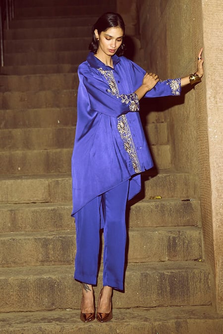 Buy Dash And Dot Purple Viscose Zari, Embroidery Collared Placement Flower Shirt With Pant Online at Aza Fashions Buy_Dash And Dot_Purple Viscose Zari, Embroidery Collared Placement Flower Shirt With Pant _Online_at_Aza_Fashions