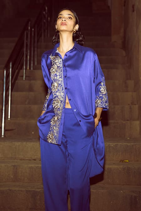 Shop Dash And Dot Purple Viscose Zari, Embroidery Collared Placement Flower Shirt With Pant Online at Aza Fashions Shop_Dash And Dot_Purple Viscose Zari, Embroidery Collared Placement Flower Shirt With Pant _Online_at_Aza_Fashions