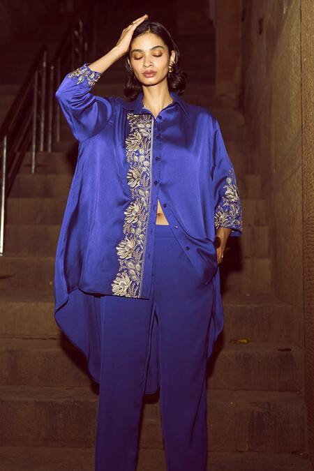 Dash And Dot Purple Viscose Zari, Embroidery Collared Placement Flower Shirt With Pant at Aza Fashions Dash And Dot_Purple Viscose Zari, Embroidery Collared Placement Flower Shirt With Pant _at_Aza_Fashions