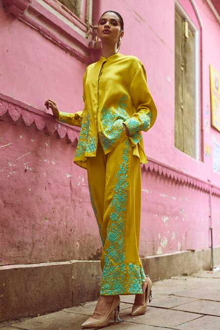 Dash And Dot Yellow Viscose Embroidery Round Neck Floral Bloom Shirt With Pant at Aza Fashions Dash And Dot_Yellow Viscose Embroidery Round Neck Floral Bloom Shirt With Pant _at_Aza_Fashions