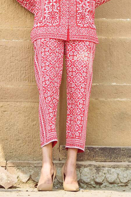 Dash And Dot Red Polyester Collared Baroque Porcelain Print Shirt With Pant at Aza Fashions Dash And Dot_Red Polyester Collared Baroque Porcelain Print Shirt With Pant _at_Aza_Fashions