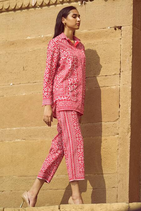 Buy Dash And Dot Red Polyester Collared Baroque Porcelain Print Shirt With Pant Buy_Dash And Dot_Red Polyester Collared Baroque Porcelain Print Shirt With Pant
