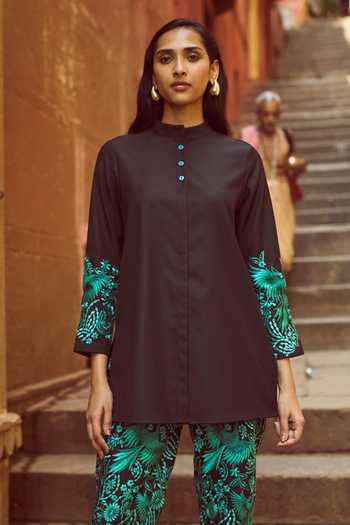 Dash And Dot_Black Polyester, Viscose, Lycra Embroidery Round Shirt With Gara Stitch Pant _Online_at_Aza_Fashions