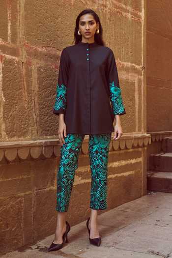 Shop_Dash And Dot_Black Polyester, Viscose, Lycra Embroidery Round Shirt With Gara Stitch Pant _Online_at_Aza_Fashions