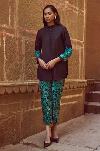 Buy_Dash And Dot_Black Polyester, Viscose, Lycra Embroidery Round Shirt With Gara Stitch Pant 