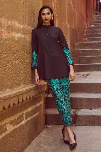 Shop_Dash And Dot_Black Polyester, Viscose, Lycra Embroidery Round Shirt With Gara Stitch Pant 