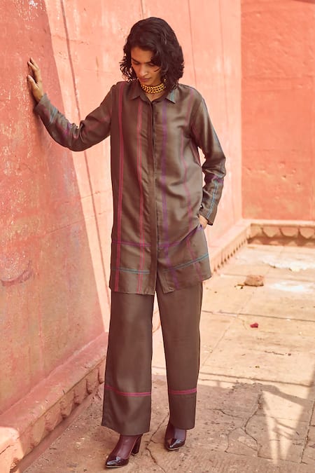 Dash and Dot Chequered Embroidered Shirt With Pant 