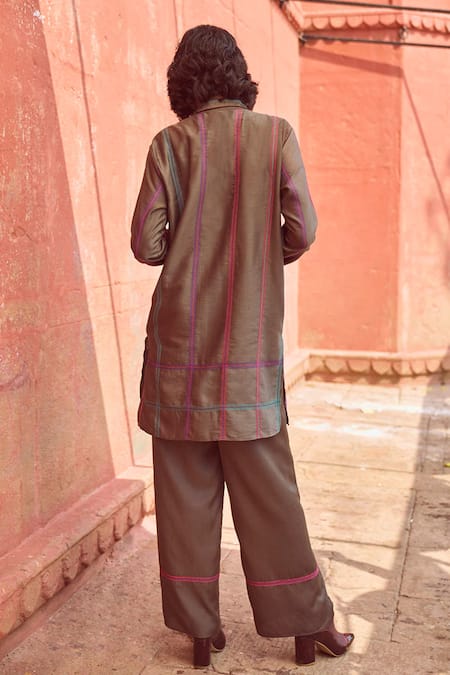 Shop Dash And Dot Grey Cotton, Viscose Embroidery Collared Chequered Shirt With Pant at Aza Fashions Shop_Dash And Dot_Grey Cotton, Viscose Embroidery Collared Chequered Shirt With Pant _at_Aza_Fashions