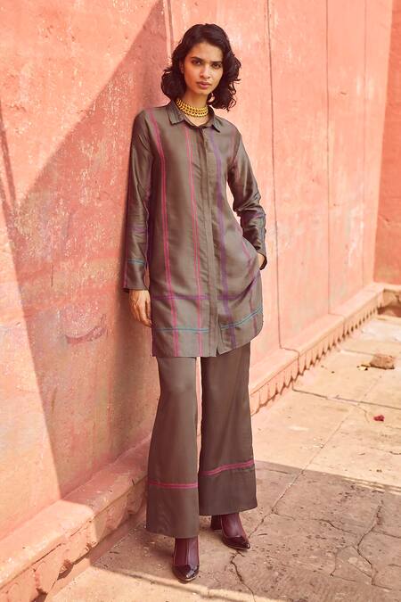 Dash And Dot Grey Cotton, Viscose Embroidery Collared Chequered Shirt With Pant Online at Aza Fashions Dash And Dot_Grey Cotton, Viscose Embroidery Collared Chequered Shirt With Pant _Online_at_Aza_Fashions