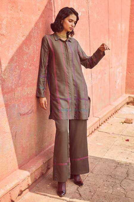 Buy Dash And Dot Grey Cotton, Viscose Embroidery Collared Chequered Shirt With Pant Online at Aza Fashions Buy_Dash And Dot_Grey Cotton, Viscose Embroidery Collared Chequered Shirt With Pant _Online_at_Aza_Fashions