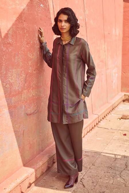 Shop Dash And Dot Grey Cotton, Viscose Embroidery Collared Chequered Shirt With Pant Online at Aza Fashions Shop_Dash And Dot_Grey Cotton, Viscose Embroidery Collared Chequered Shirt With Pant _Online_at_Aza_Fashions
