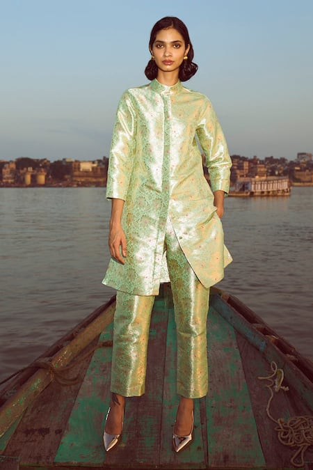 Dash And Dot Mint Green Floral Brocade Tunic & Pant Set 