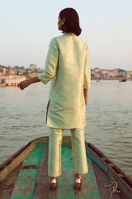 Dash And Dot Mint Green Floral Brocade Tunic & Pant Set 