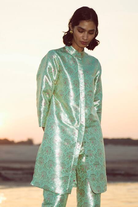 Buy_Dash And Dot_Green Polyester Embroidery Collared Mint Floral Brocade Tunic And Pant Set _Online_at_Aza_Fashions