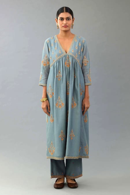 Kora_Blue Silk, Chanderi Diamonds, Embroidery, Tassels Dori And Zari Anarkali Set _Online_at_Aza_Fashions