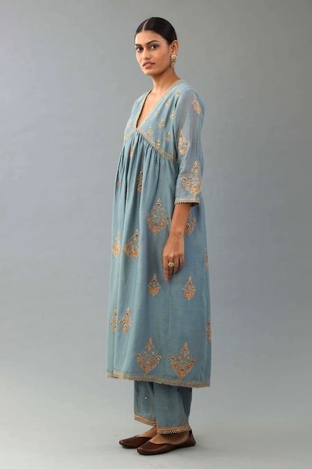 Buy_Kora_Blue Silk, Chanderi Diamonds, Embroidery, Tassels Dori And Zari Anarkali Set _Online_at_Aza_Fashions