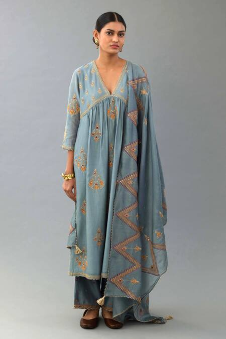 Kora_Blue Silk, Chanderi Diamonds, Embroidery, Tassels Dori And Zari Anarkali Set _at_Aza_Fashions