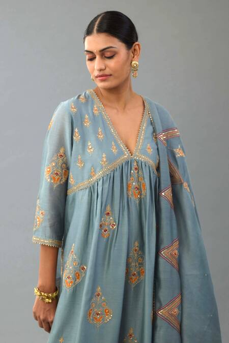 Buy_Kora_Blue Silk, Chanderi Diamonds, Embroidery, Tassels Dori And Zari Anarkali Set 