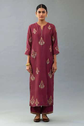 Kora_Wine Silk, Chanderi Sequins, Zari, Embroidery, Tassels Round Thread Kurta Set _Online_at_Aza_Fashions