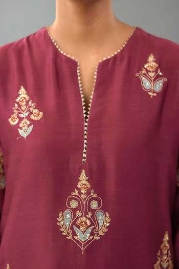 Buy_Kora_Wine Silk, Chanderi Sequins, Zari, Embroidery, Tassels Round Thread Kurta Set _Online_at_Aza_Fashions