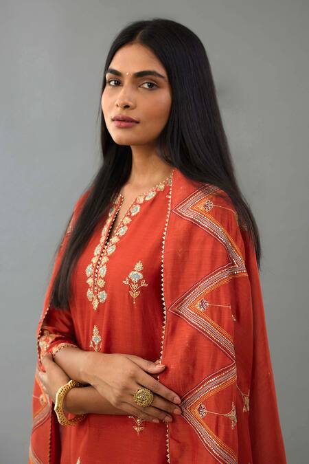 Kora_Orange Silk, Chanderi Embroidery, Gota Patti, Sequins Floral Thread Kurta Set _at_Aza_Fashions